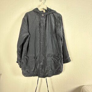 Pure DKNY Womens Blue Hooded Silk Zip Up Jacket Size 4 Drawstring Lightweight